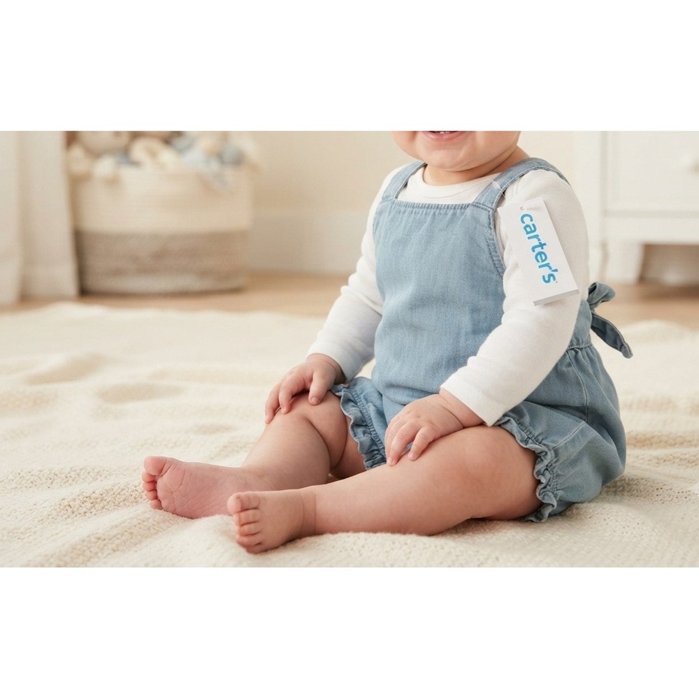 Carters Baby Girls Blue Chambray Romper Ruffle Bow Back 6M NWT 1V318910